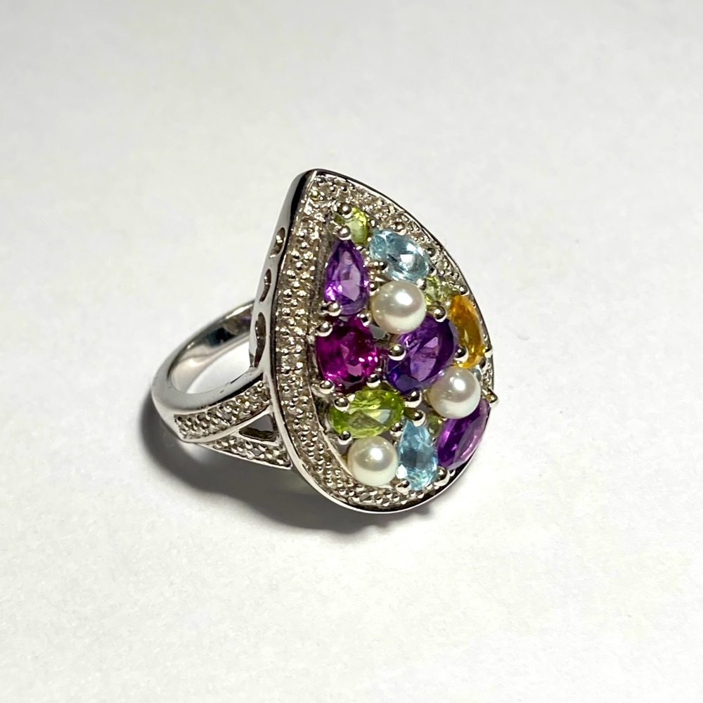 Multi-Gemstone Teardrop-Shaped Silver Statement Ring